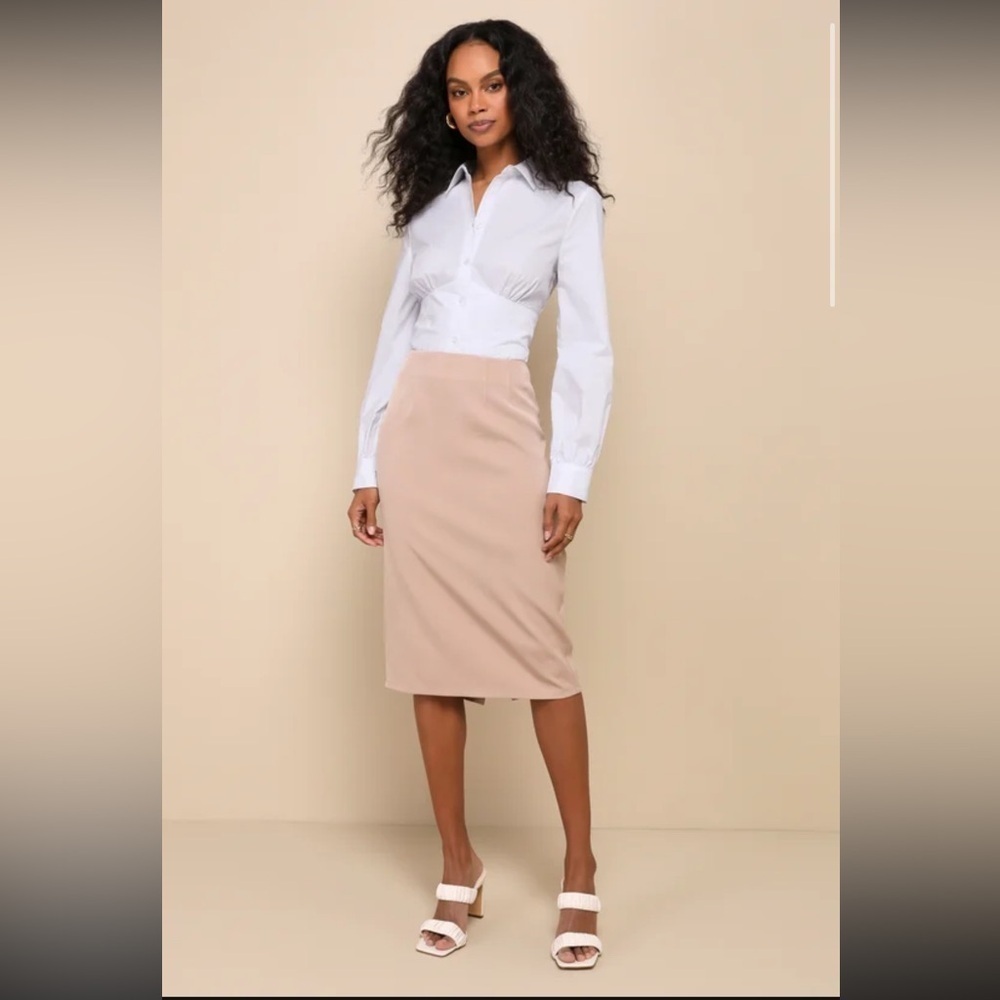 Lulu's Elevated Inclinations Taupe Twill High Waisted Midi Skirt